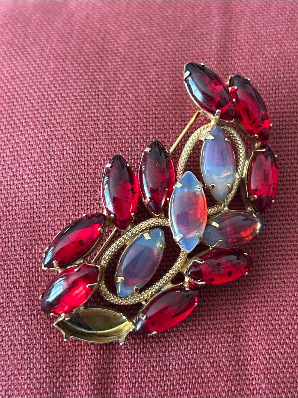 Gold-Tone Brooch with Red and Opalescent Stones - Women Jewelry